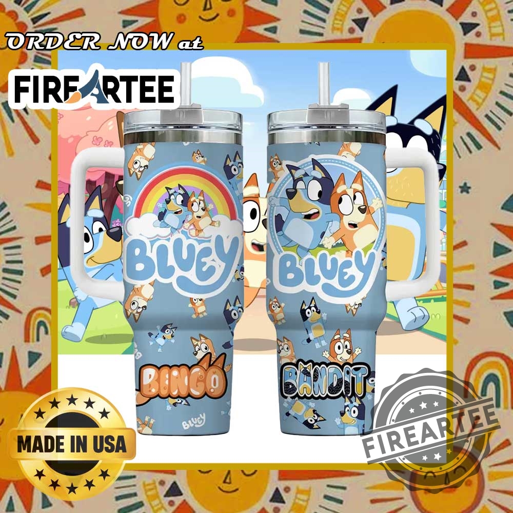 "Top Celtics and Knicks 2024 NBA Championship Tumblers for Fans" 7 Bluey Family Tumbler With Handle Cute Cartoon Travel Cup Featuring Bluey Bingo And Bandit Characters Rainbow Sky Design