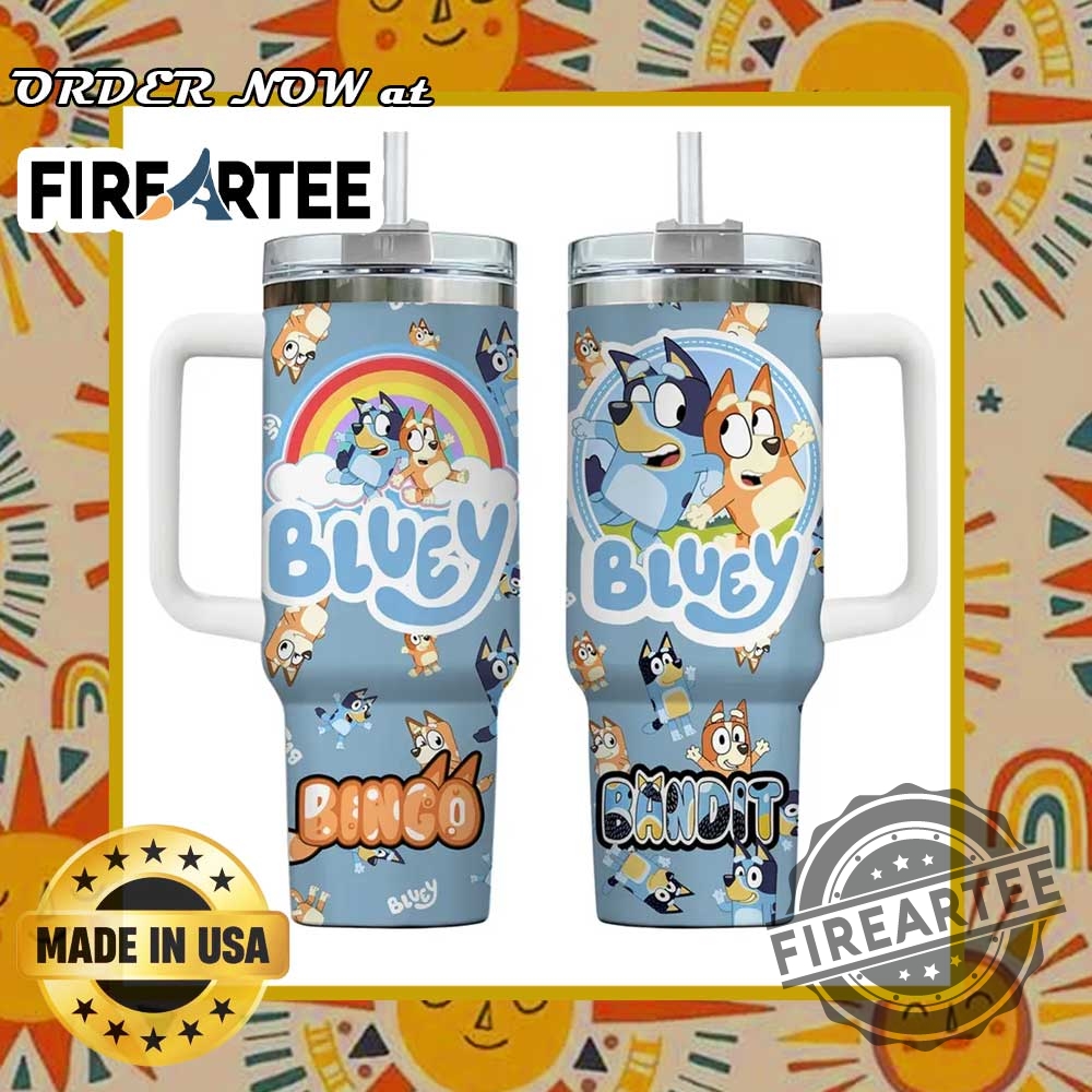 Bluey Family Tumbler With Handle Cute Cartoon Travel Cup Featuring Bluey Bingo And Bandit Characters Rainbow Sky Design 3 Bluey Family Tumbler With Handle – Cute Cartoon Travel Cup Featuring Bluey, Bingo and Bandit Characters, Rainbow Sky Design