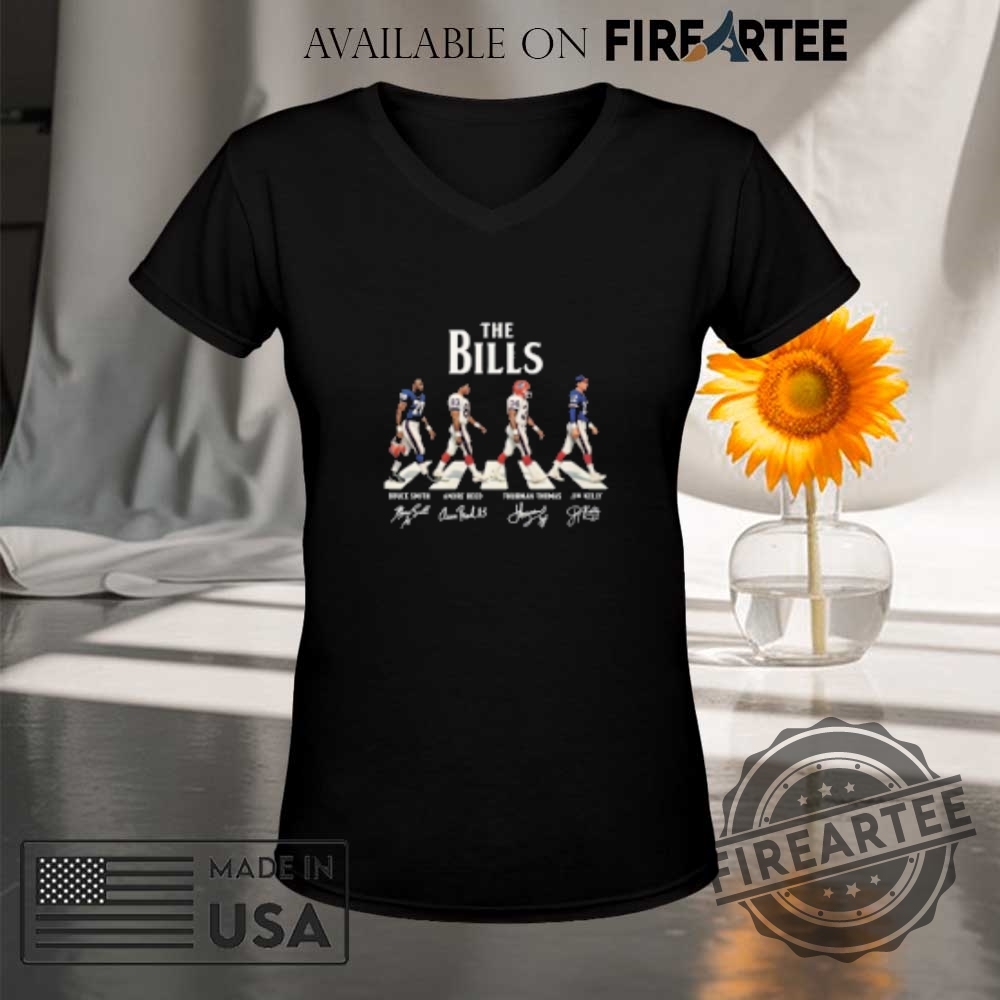 The Buffalo Bills Legends Jim Kelly Thurman Thomas Bruce Smith Andre Reed Nfl Road Abbey Signatures Shirt 9 The Buffalo Bills Legends Jim Kelly Thurman Thomas Bruce Smith Andre Reed NFL Road Abbey Signatures Shirt