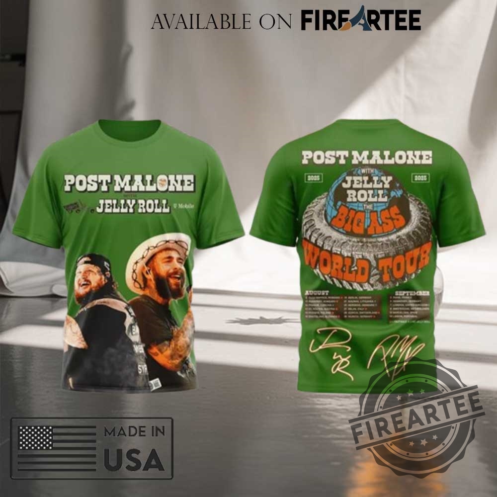 "Shop 2025 Tour Shirts: Post Malone, Cubs, Rebecca Black & More" 11 Post Malone And Jelly Roll 2025 Big Ass World Tour Green Shirt