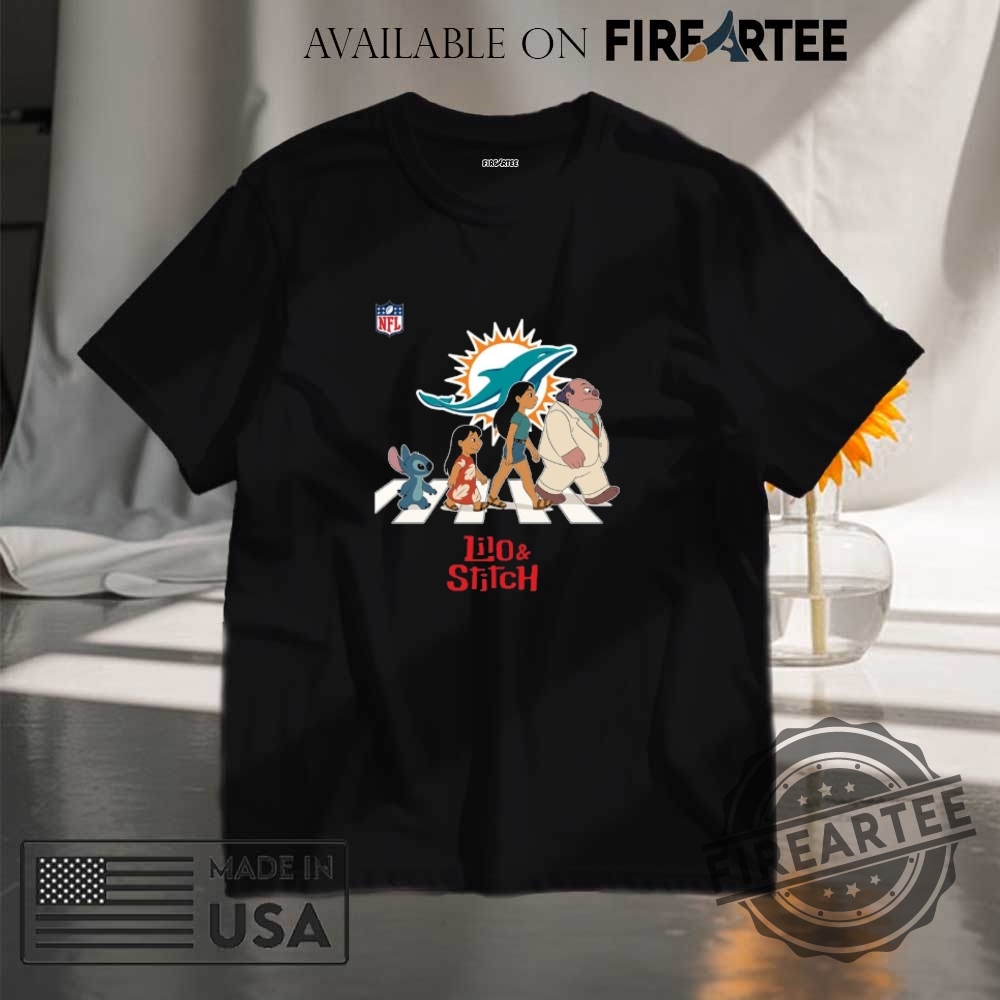 "Custom Lilo & Stitch Tumblers and NFL Abbey Road Shirts" 13 Miami Dolphins Nfl Lilo And Stitch Characters Abbey Road Shirt