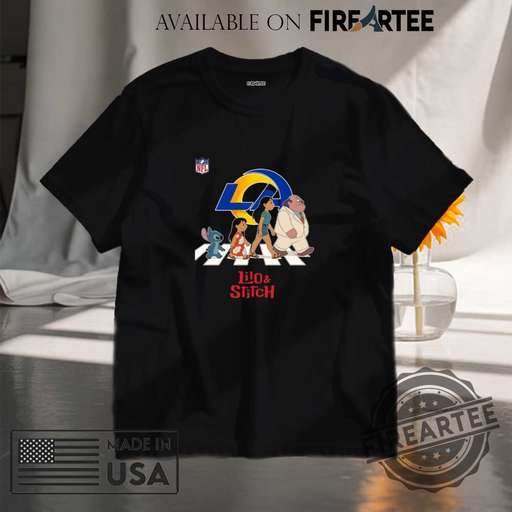 "Top Lilo & Stitch Apparel: Hats, Shirts, and NFL Collaborations" 7 Los Angeles Rams Nfl Lilo And Stitch Characters Abbey Road Shirt
