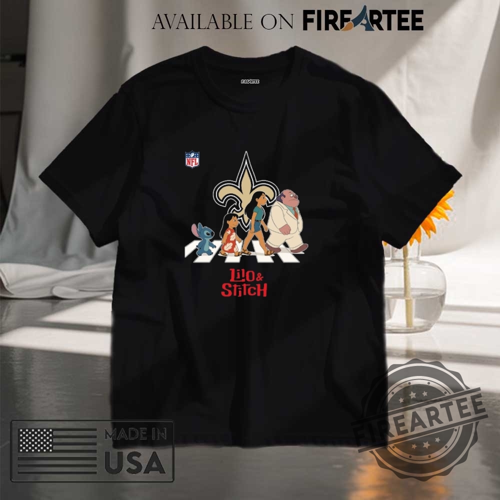 "Top Lilo & Stitch Apparel: Hats, Shirts, and NFL Collaborations" 9 New Orleans Saints Nfl Lilo And Stitch Characters Abbey Road Shirt