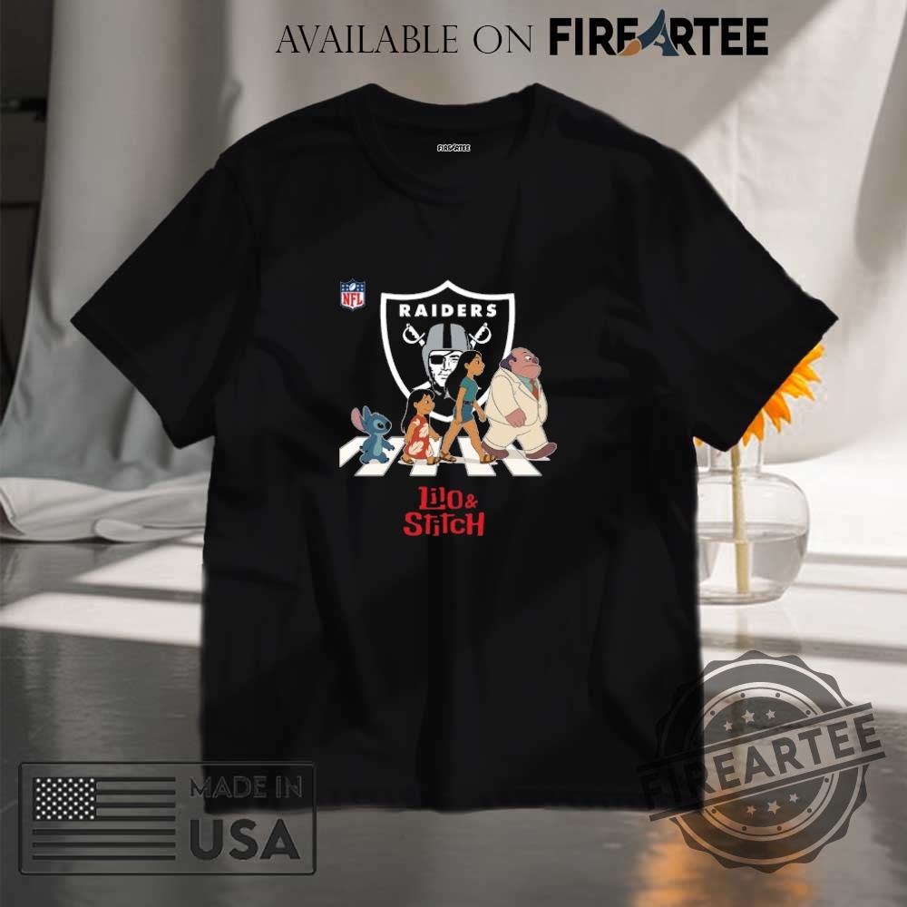 "Top Lilo & Stitch Apparel: Hats, Shirts, and NFL Collaborations" 11 Las Vegas Raiders Nfl Lilo And Stitch Characters Abbey Road Shirt