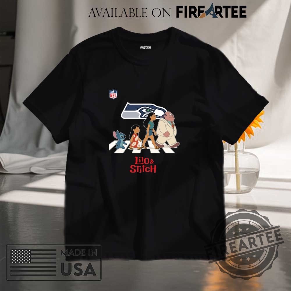 "Top Lilo & Stitch Apparel: Hats, Shirts, and NFL Collaborations" 14 Seattle Seahawks Nfl Lilo And Stitch Characters Abbey Road Shirt