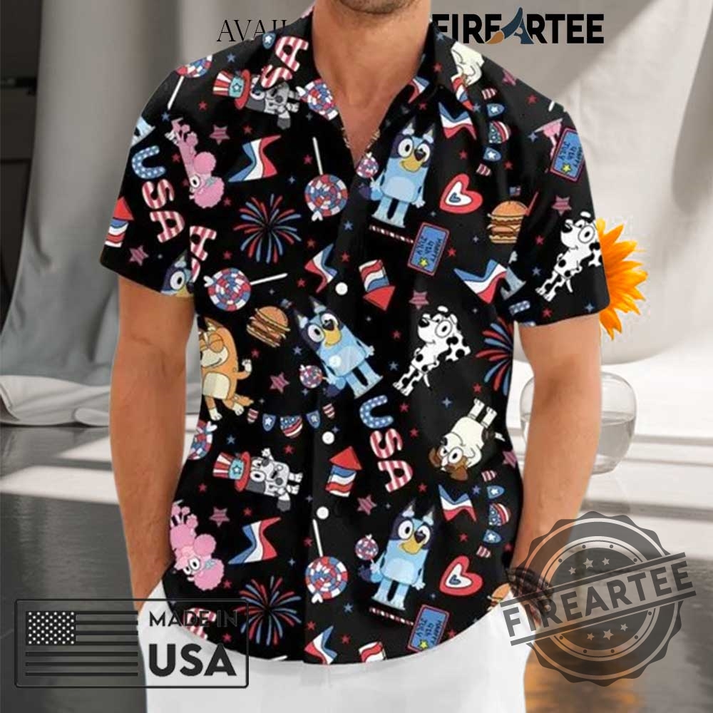 "Top 5 Patriotic Hawaiian Shirts for a Stylish 4th of July" 14 Bluey Hawaii Black Shirt 4Th Of July Celebration Tropical Theme