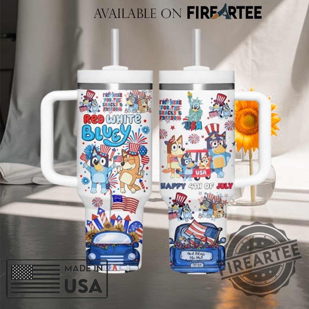 "Top 5 Patriotic and Music-Inspired Custom Tumblers and Tees for 2025" 3 Red White And Bluey 4Th Of July Travel Tumbler With Usa Flags And Patriotic Characters