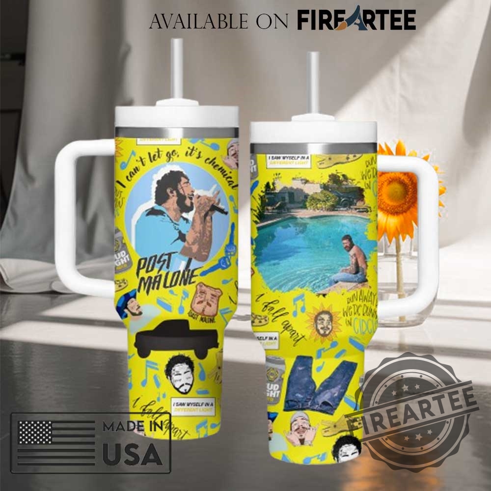 "Top 5 Patriotic and Music-Inspired Custom Tumblers and Tees for 2025" 5 Post Malone Inspired Travel Tumbler With Unique Yellow Graphic Design Featuring Lyrics And Icons
