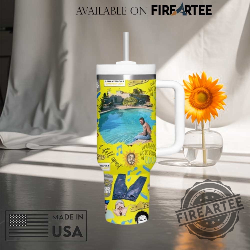 Post Malone Inspired Travel Tumbler With Unique Yellow Graphic Design Featuring Lyrics And Icons 4 Post Malone Inspired Travel Tumbler with Unique Yellow Graphic Design Featuring Lyrics and Icons