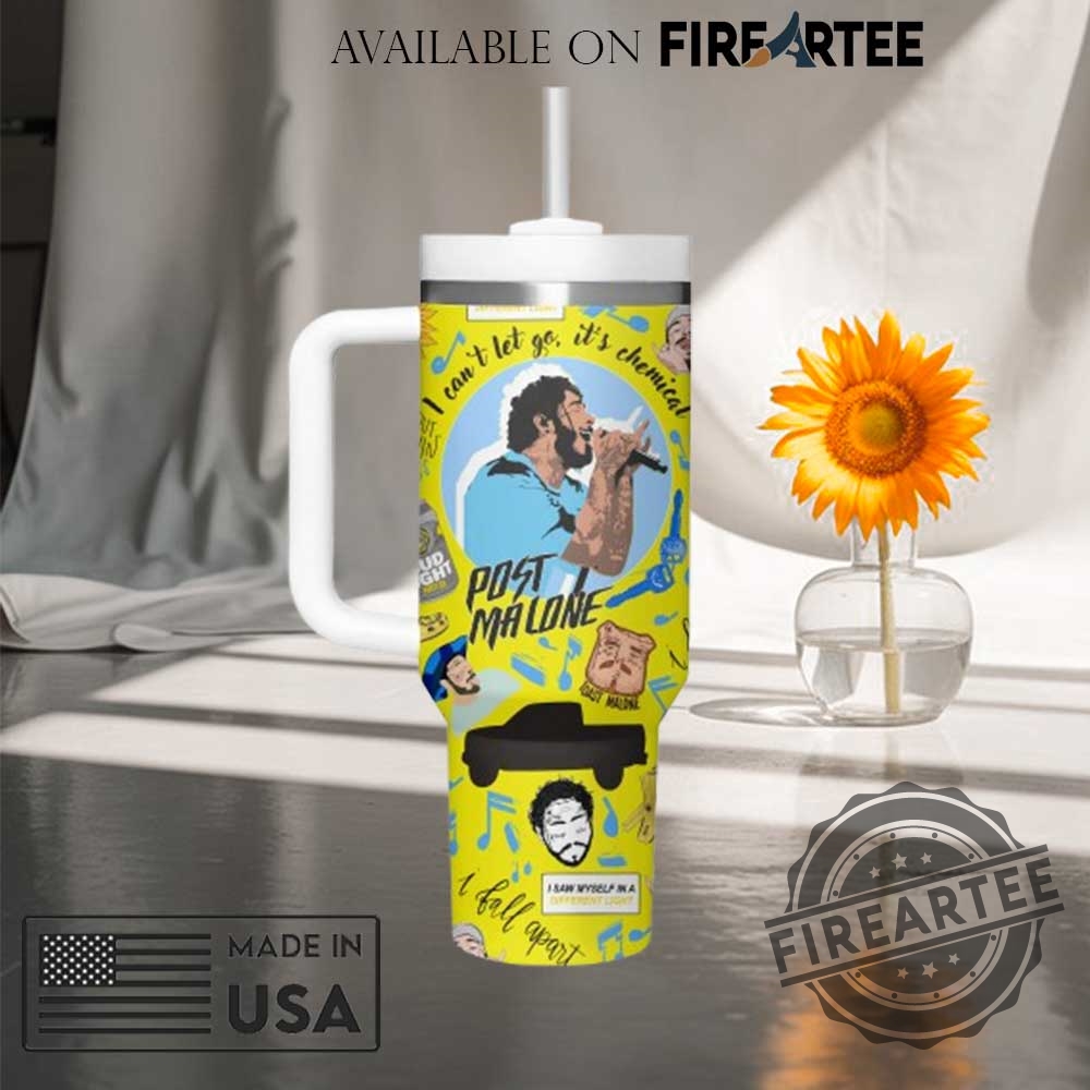 Post Malone Inspired Travel Tumbler With Unique Yellow Graphic Design Featuring Lyrics And Icons 5 Post Malone Inspired Travel Tumbler with Unique Yellow Graphic Design Featuring Lyrics and Icons