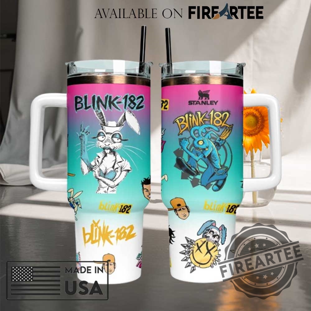 "Top 5 Patriotic and Music-Inspired Custom Tumblers and Tees for 2025" 17 Blink182 Colorful Cartoon Travel Tumbler With Bunny And Iconic Band Artwork