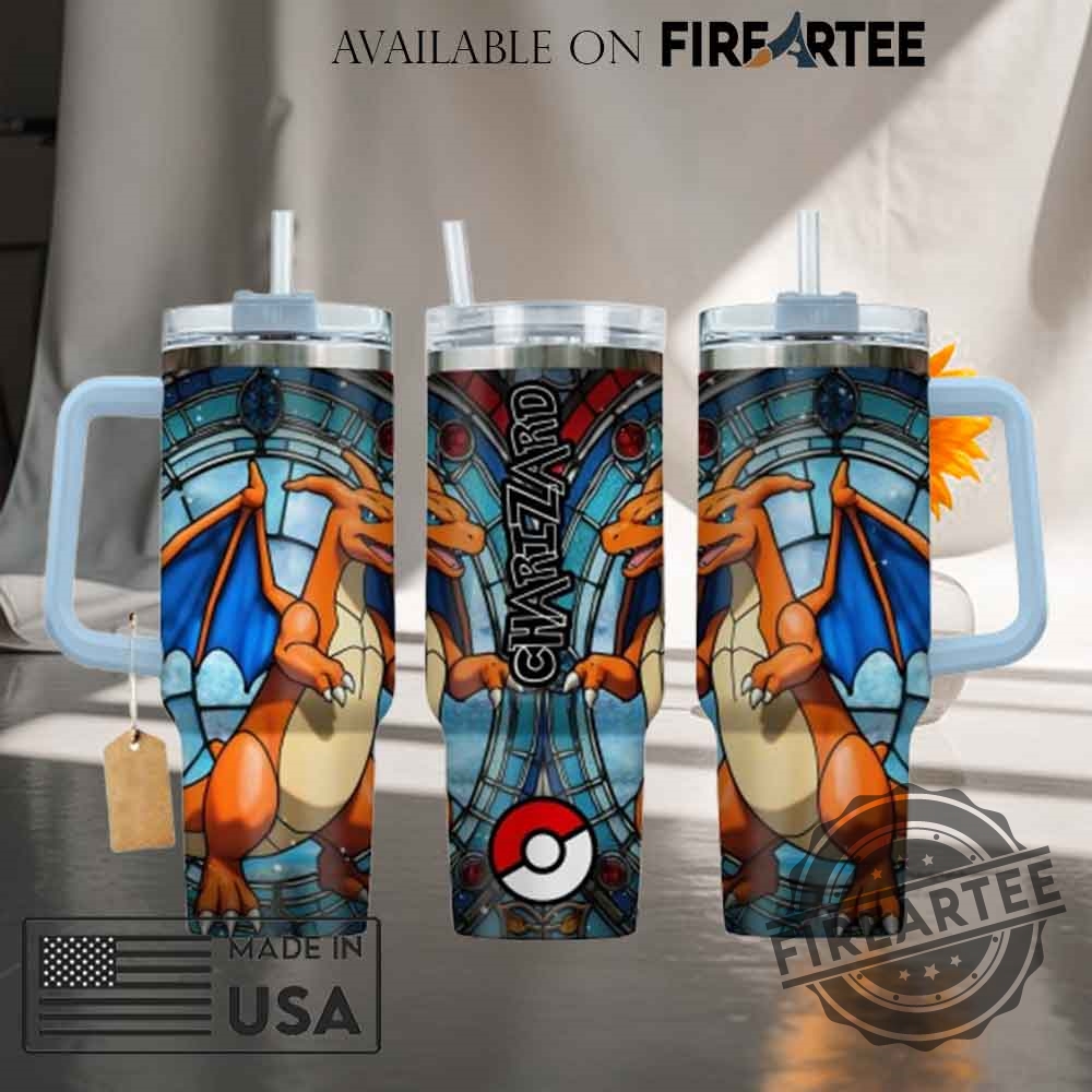 Charizard Stained Glass Tumbler With Handle Pokemon Fan Art Drinkware
