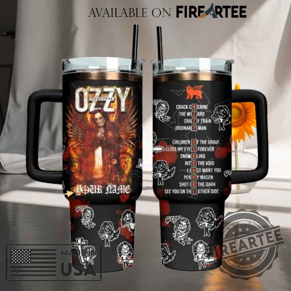 Ozzy Osbourne Custom Stanley Tumbler with Handle - Personalized Song List Drinkware 3 Ozzy Osbourne Custom Stanley Tumbler with Handle - Personalized Song List Drinkware
