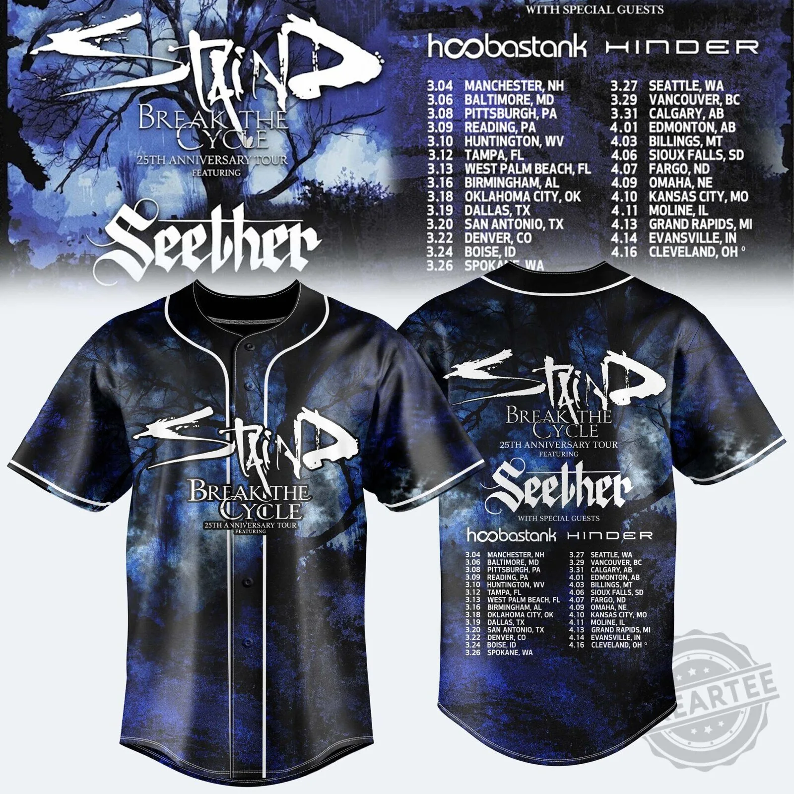 Staind Break The Cycle 25th Anniversary Tour Featuring Seether Baseball Jersey