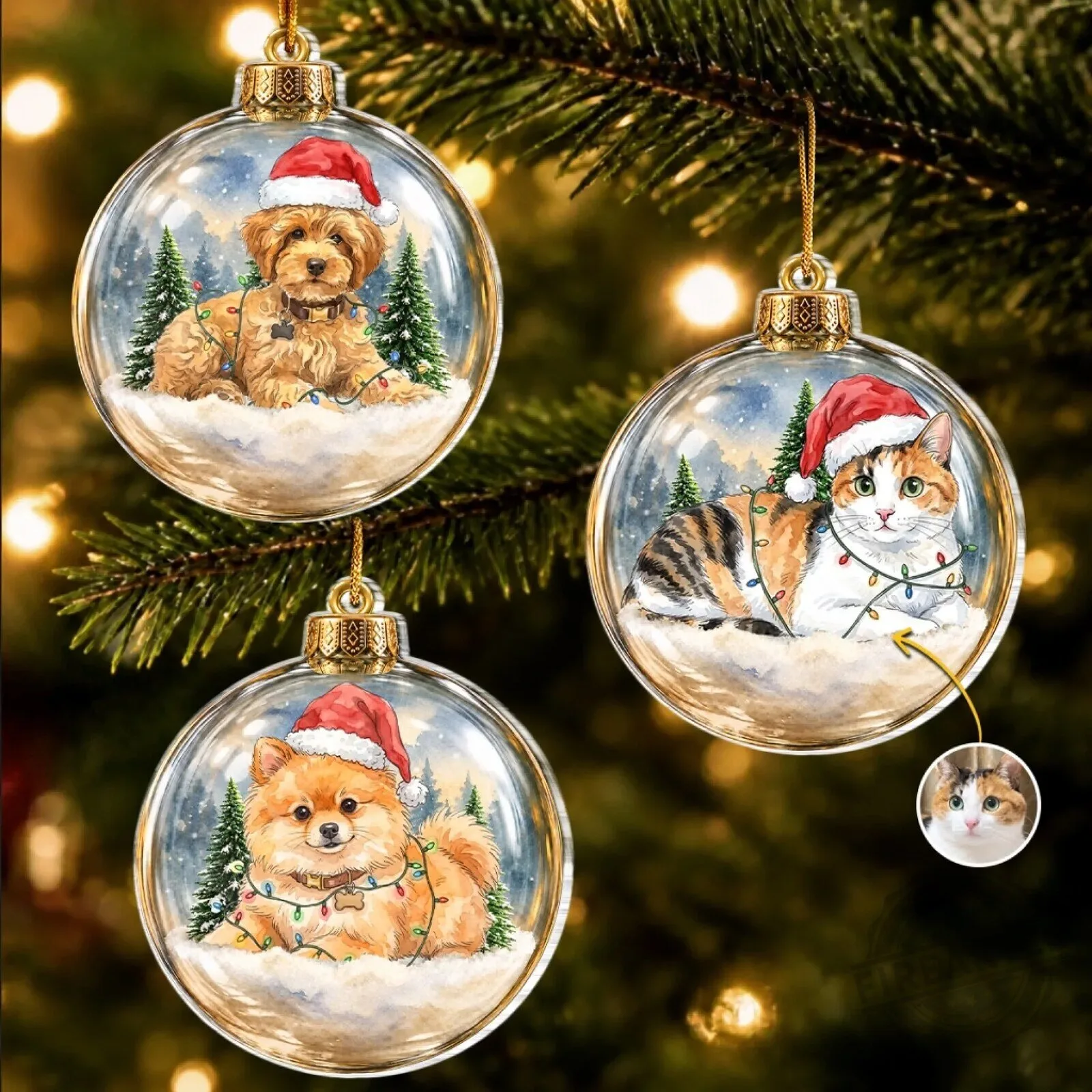 Personalized Pet Photo Christmas Ornament, Custom Dog Cat Santa Hat Holiday Decor