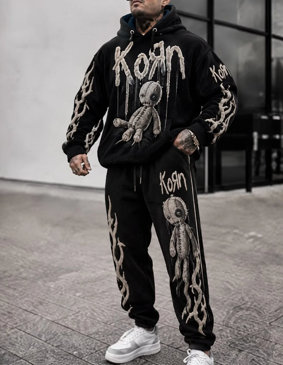 Korn Band Logo Black Graphic Hoodie with Voodoo Doll and Flame Sleeves