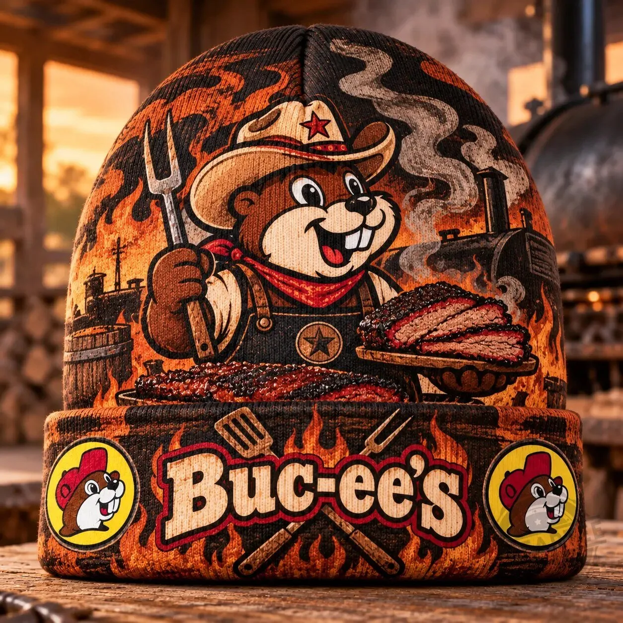 Buc-ee's Barbecue Beaver Orange Flames Graphic Printed Knit Beanie Hat