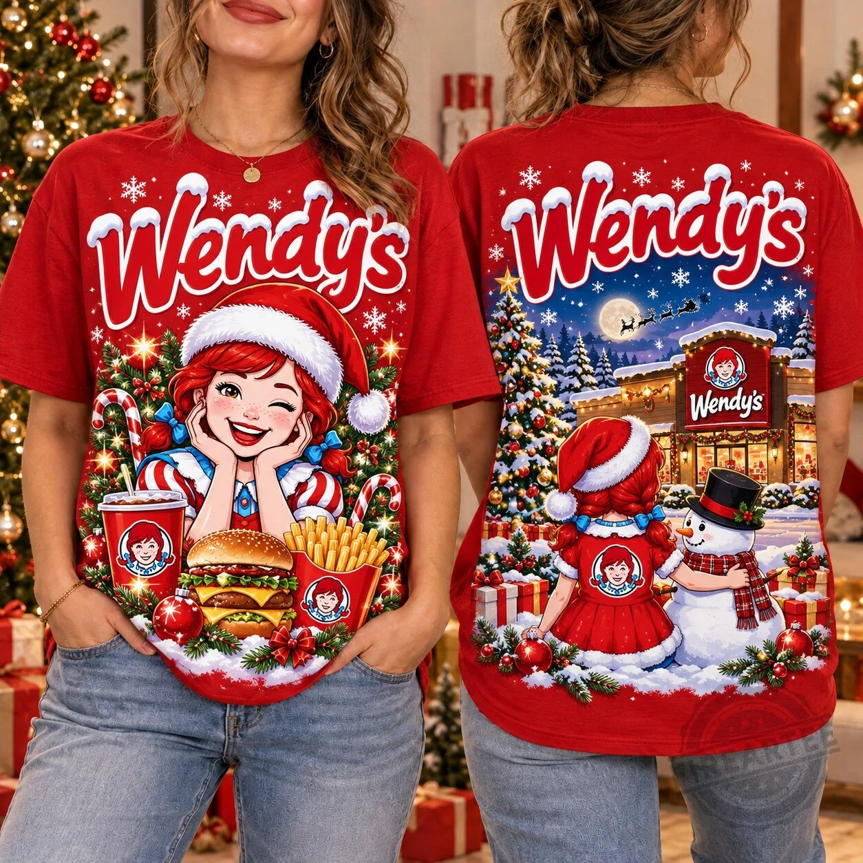 Wendy's Christmas Burger Snowman Festive Holiday Red T-Shirt