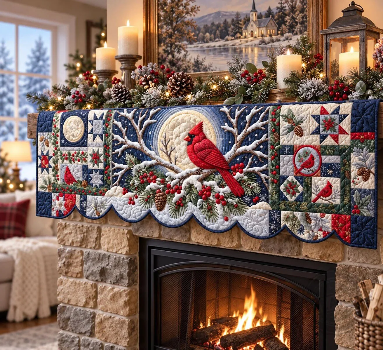Red Cardinal Bird Winter Moon Quilted Fireplace Mantel Scarf Christmas Decor