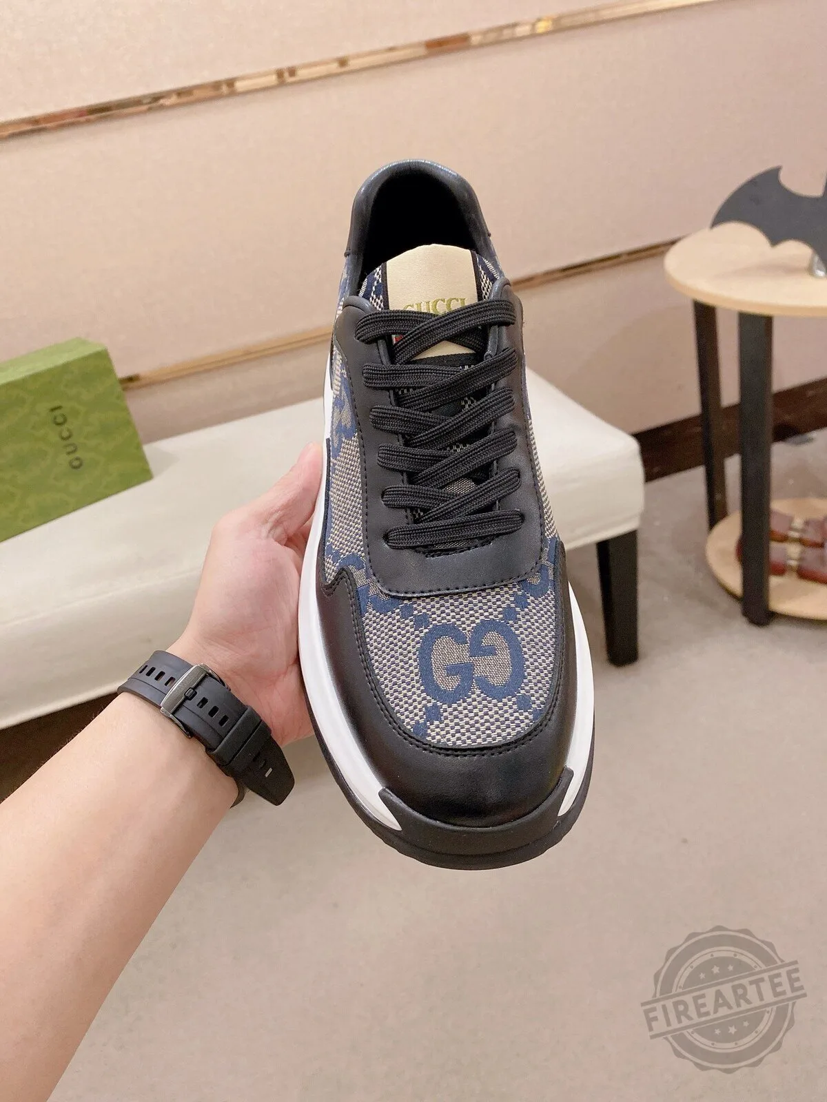 Gucci Monogram Pattern Black and Blue Fashion Sneakers for Men