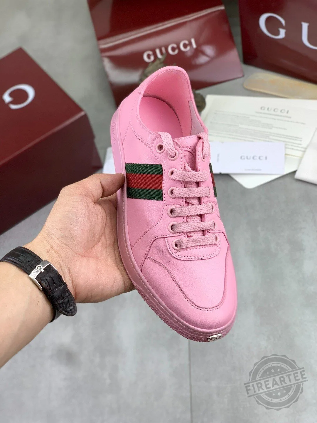 Gucci Pink Leather Ace Sneakers with Web Stripe Detail for Women