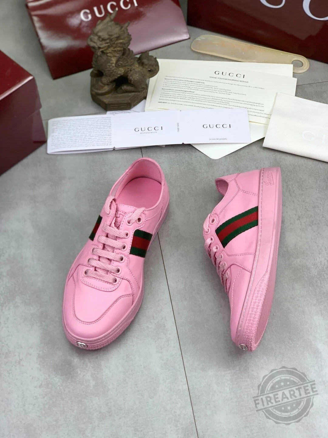 Gucci Pink Leather Ace Sneakers with Web Stripe Detail for Women 7 Gucci Pink Leather Ace Sneakers with Web Stripe Detail for Women