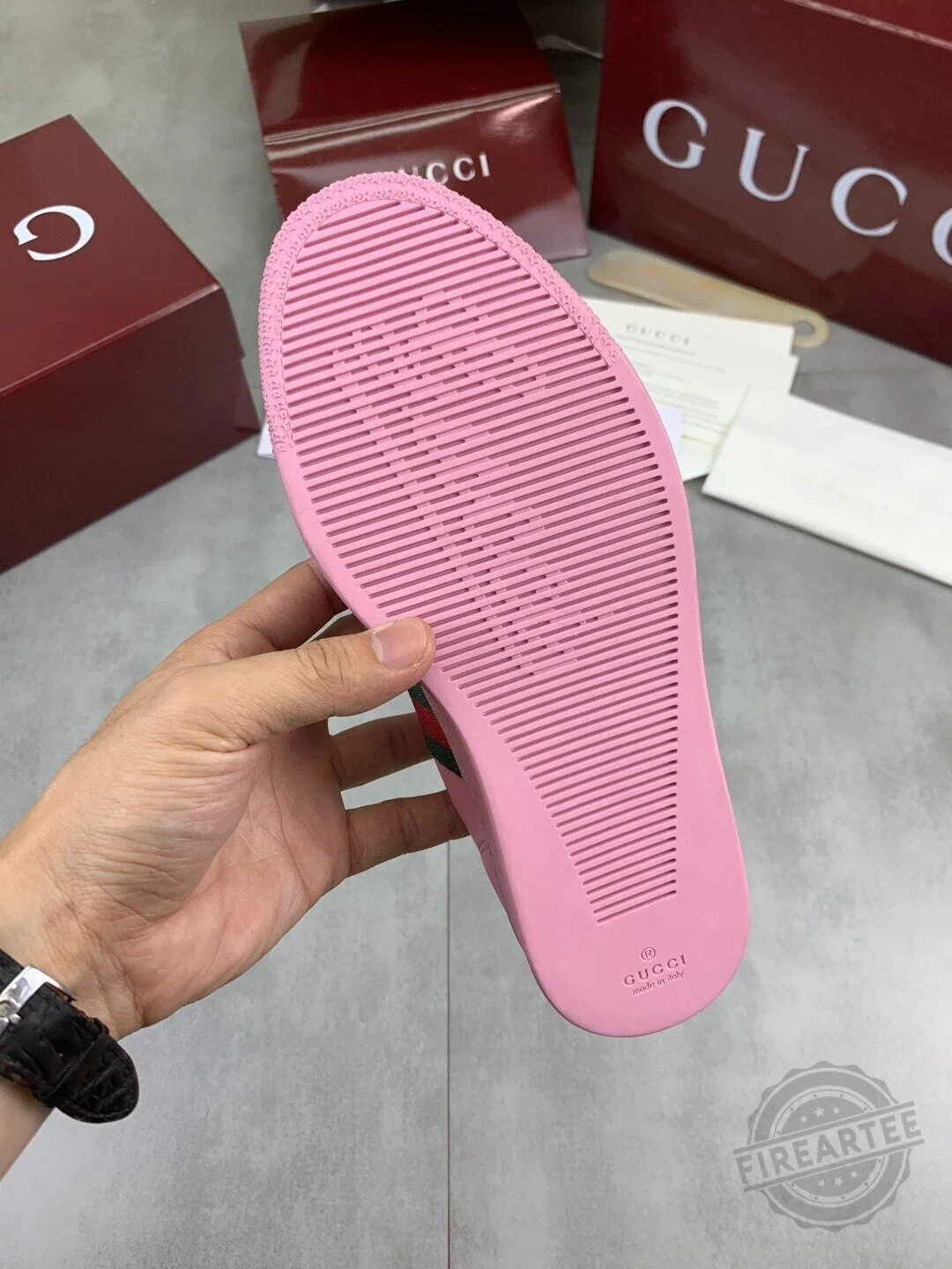 Gucci Pink Leather Ace Sneakers with Web Stripe Detail for Women 9 Gucci Pink Leather Ace Sneakers with Web Stripe Detail for Women