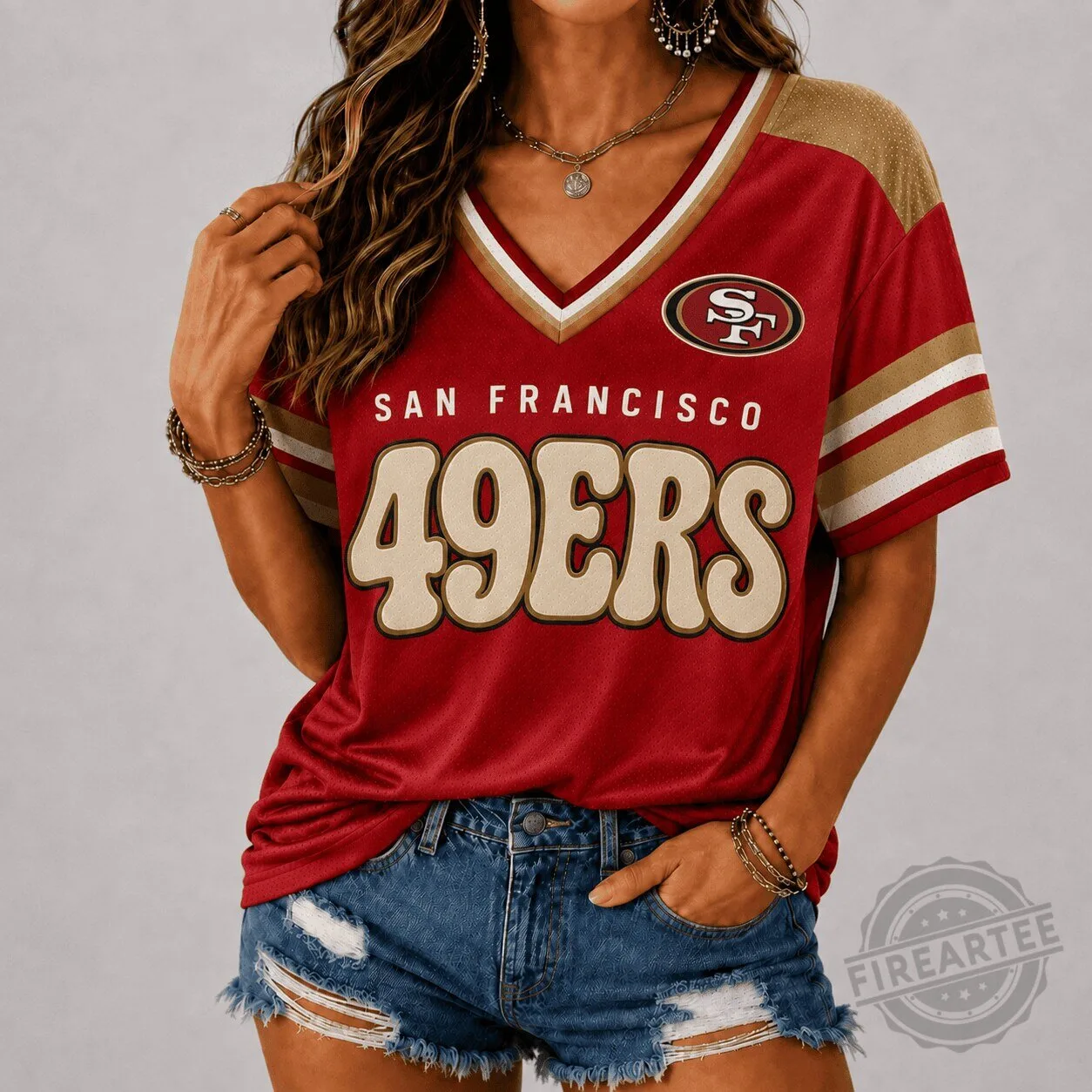 San Francisco 49ers Shirt Premium Vintage Groovy V-neck Football Jersey for Women
