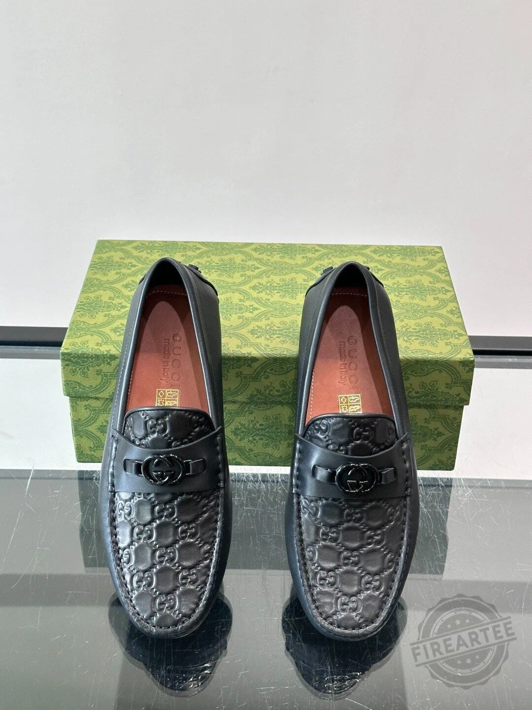 Gucci Black Leather Embossed Interlocking G Loafers for Men