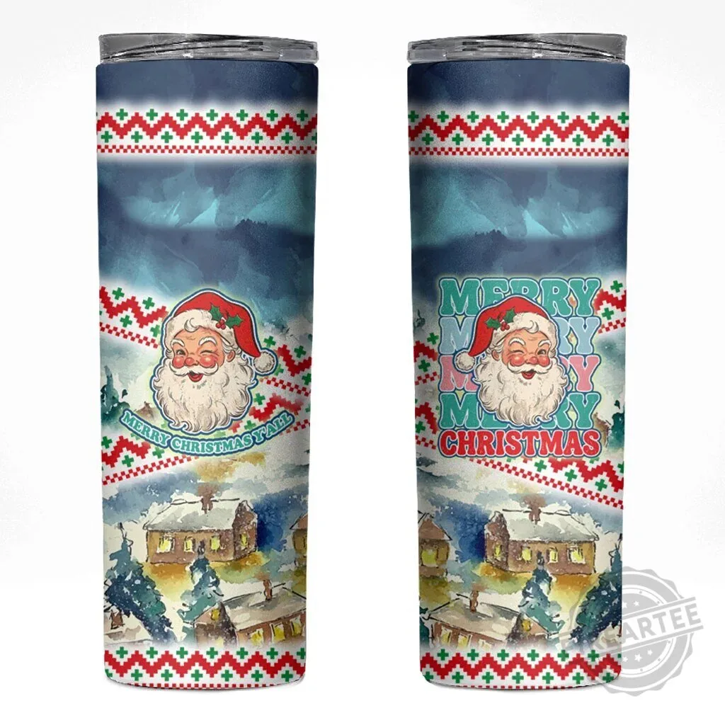 Merry Christmas Y'all Vintage Santa Claus Winter Holiday Skinny Tumbler