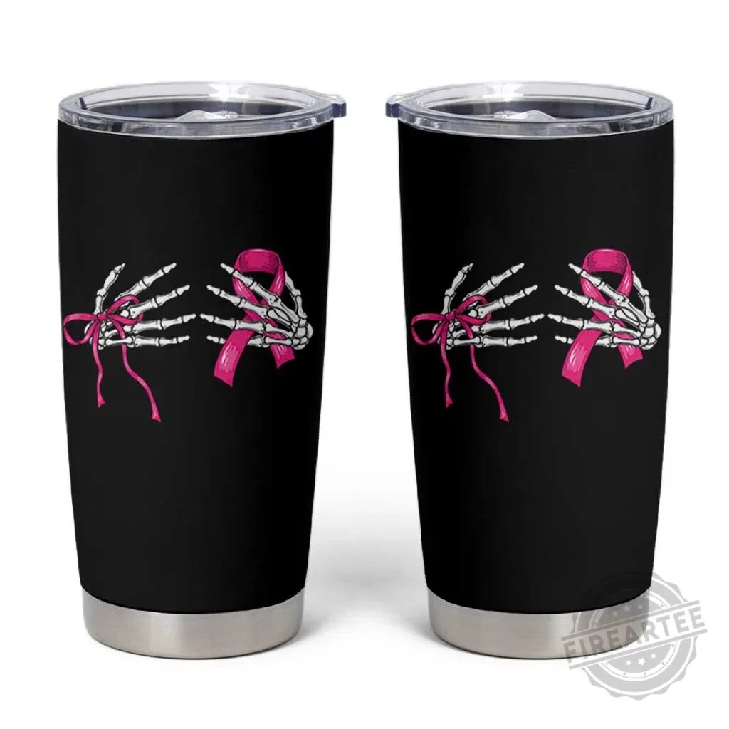 Breast Cancer Awareness Skeleton Hands Pink Ribbon Halloween Tumbler
