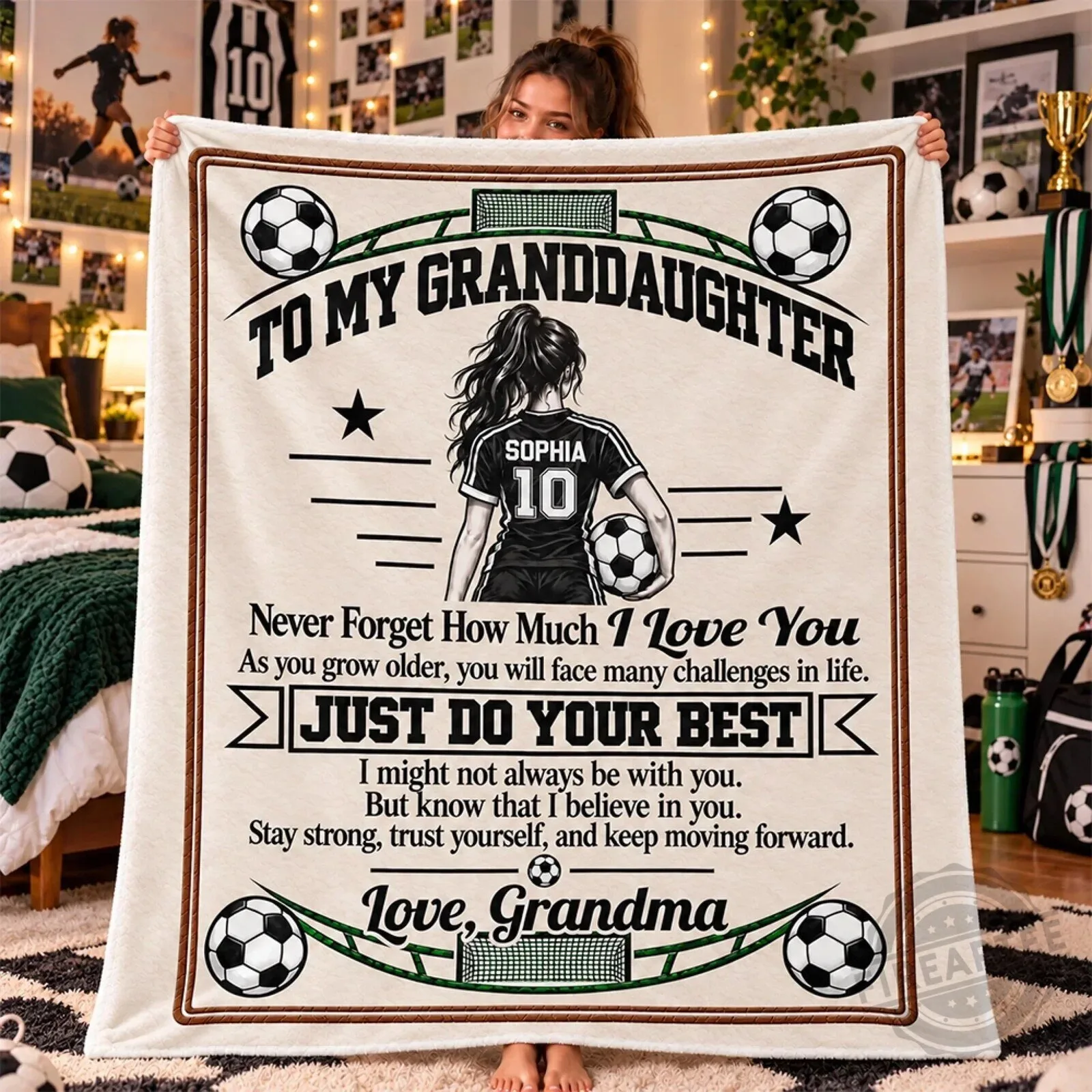 Personalized Soccer Motivation Blanket for Granddaughter from Grandma