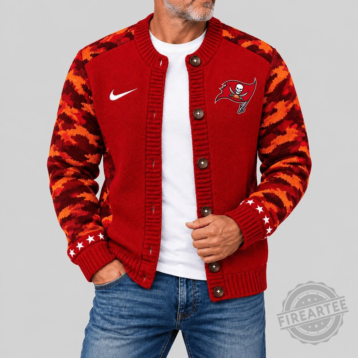 Tampa Bay Buccaneers NFL Red Camouflage Sleeve Knit Cardigan Sweater