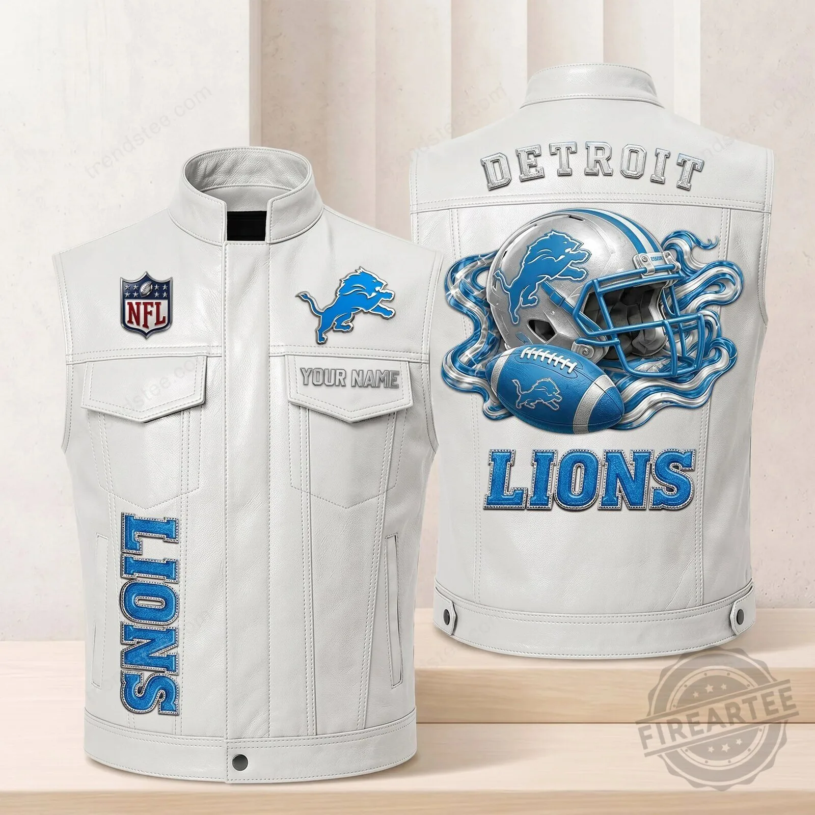 Detroit Lions NFL Football Team Custom Name White Leather Vest Jacket