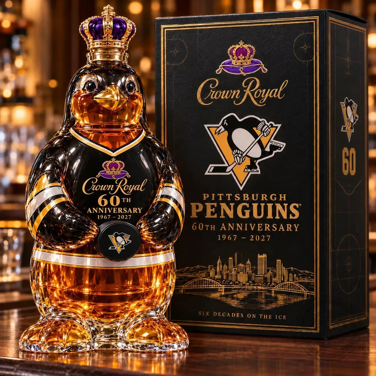 Pittsburgh Penguins 60th Anniversary Crown Royal Whiskey Decanter with Crown